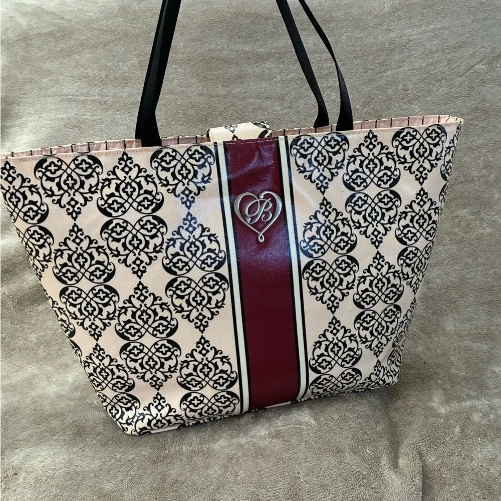 Brighton Damask Print Tote Bag Beige Black Burgundy, Logo Accent, Inner Pockets